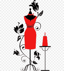 a red dress is on a mannequin with flowers and a sewing machine