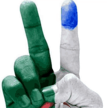 a hand with green and white fingers and a blue finger painted in the colors of the flag is making a peace sign .