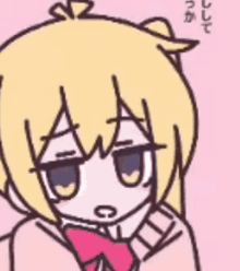a cartoon drawing of a girl with blonde hair and a pink bow tie .