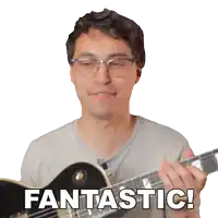 a man with glasses is holding a guitar and the word fantastic is on the bottom