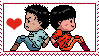 a pixel art of a boy and a girl sitting back to back with a red heart in the background .