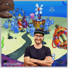 a man with his arms crossed in front of a spongebob picture