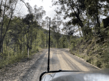 a car is driving down a dirt road with trees on the side