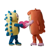 two mascots standing next to each other one holding a heart