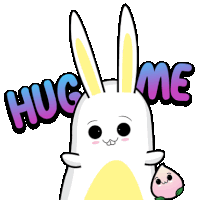 a cartoon bunny holding a peach with the words hug me behind it