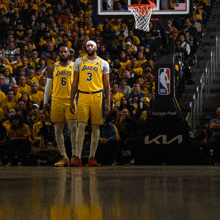 two lakers basketball players standing on the court