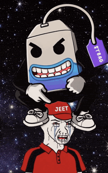 a cartoon of a tea bag carrying a man with a red hat that says jeet