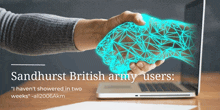 a person shaking hands in front of a laptop with the words sandhurst british army users on the bottom