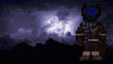 a pixel art of a person standing in front of a cloudy sky with the word you in the corner