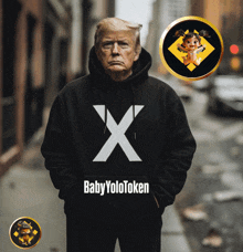 a man wearing a hoodie that says baby yolotoken on it