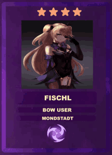 a purple card with a picture of a girl and the name fischl on it