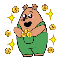 a cartoon of a bear holding a bunch of gold coins