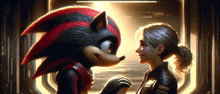 a woman and a sonic the hedgehog are looking at each other in a room .