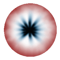 a red white and blue circle with a black star in the center