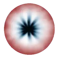 a red white and blue circle with a black star in the center