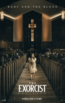 a movie poster for the exorcist shows a little girl walking down a church aisle