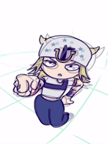 a cartoon drawing of a person with a horseshoe on their hat