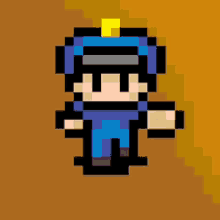 a pixel art drawing of a police officer with a yellow hat