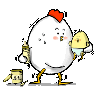 a cartoon of a chicken holding a baby and a bottle that says b on it