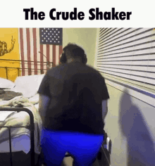 a man wearing headphones is standing in front of a bed in a room with the crude shaker written on the bottom