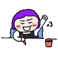 a cartoon of a girl with purple hair sitting at a table with a cup of coffee .