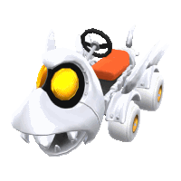 a white toy car with yellow eyes and a steering wheel on a white background