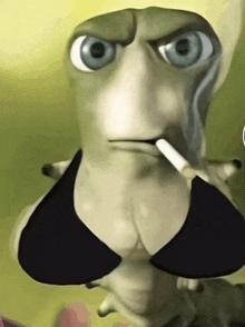 a cartoon character is wearing a black bikini and smoking a cigarette .