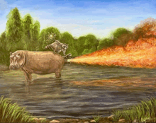 a painting of a hippopotamus and a raccoon in a river with a fire in the background by dugan