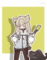 a drawing of a girl with a cat ear holding a phone