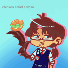 a cartoon drawing of a person holding a chicken salad samsa