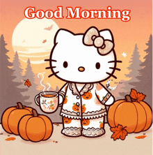 hello kitty is holding a cup of coffee in front of pumpkins and trees