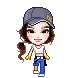 a pixel art of a girl wearing a hat and holding a trophy .