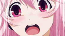 a close up of a anime girl with pink hair and red eyes .