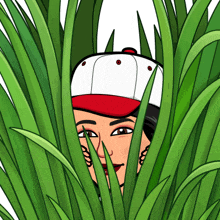 a cartoon of a woman wearing a baseball cap peeking out from behind some tall grass