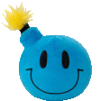 a blue stuffed bomb with a smiley face and a yellow flame coming out of it .