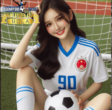 a girl wearing a jersey with the number 90 on it is holding a soccer ball