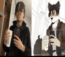 a man is taking a selfie next to a drawing of a wolf