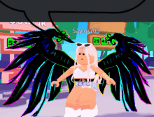 a girl in a video game with black wings and the name saylor 703 at the bottom