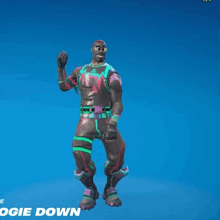 a video game character is dancing in front of a blue background