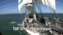 a tall ship with the words tall ship tenacious on the bottom