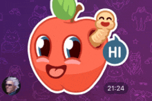 a sticker of an apple with a worm coming out of it and says hi