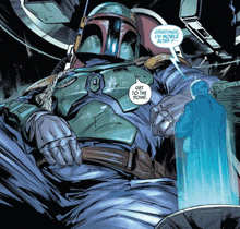 boba fett is laying down and talking to a man in a blue robe