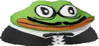a green frog with glasses and a mustache is sitting on a black surface .