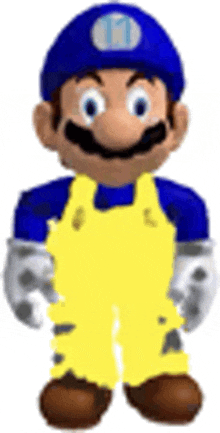 a cartoon character with a blue hat and yellow overalls is standing on a white background .