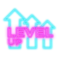 a neon sign that reads level up with arrows pointing up