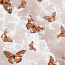 a flock of butterflies flying in the sky with stars .