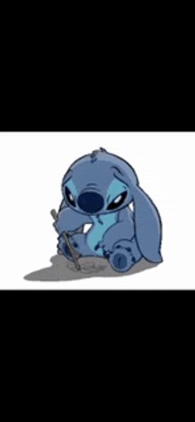 stitch from lilo and stitch is sitting down with a stick in his mouth