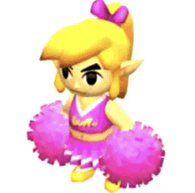 a cheerleader from a video game is wearing pink pom poms and a purple bow