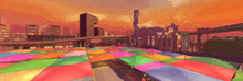 a computer generated image of a city with a bunch of colorful umbrellas