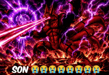 a picture of a monster with purple lightning and the word son below it